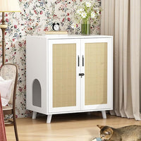 Lovinouse Large Cat Litter Box Enclosure,Hidden Kitty Litter Furniture with Sisal Covered Doors,2-Layer Wooden Cat Washroom Cabinet w/Adjustable Shelf, Side Table for Living Room,White