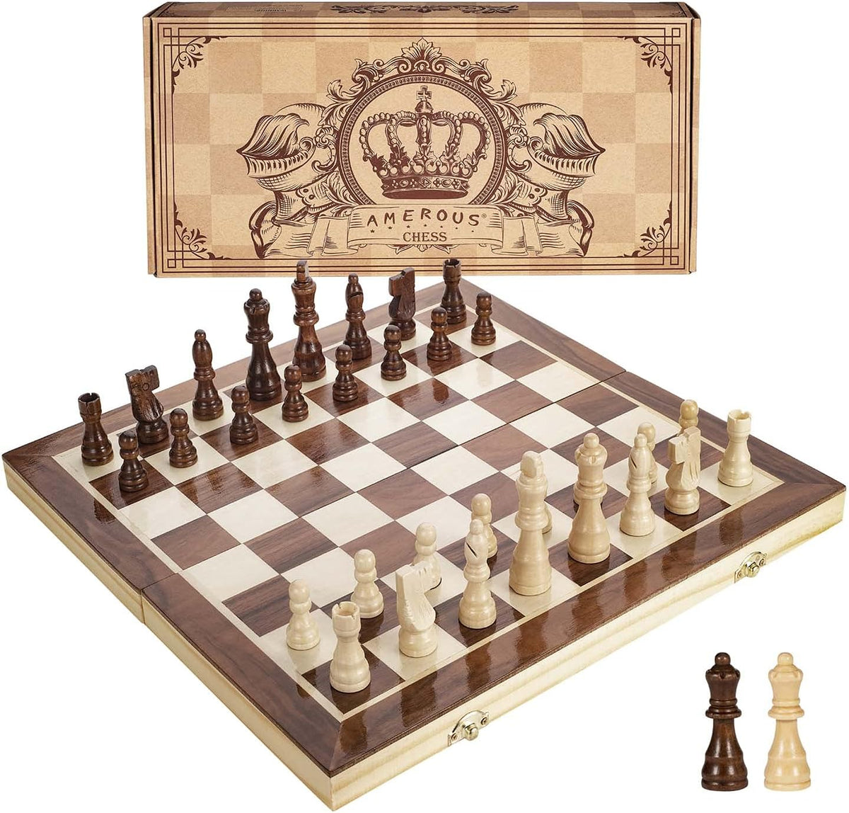 AMEROUS 15 Inches Magnetic Wooden Chess Set, 2 Extra Queens - 15 inches