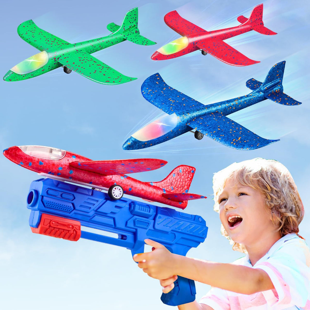 Neoot toy airplane launcher with 3 LED foam gliders in green, red and blue