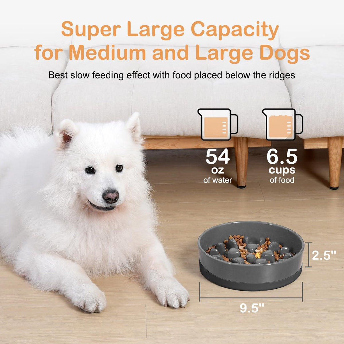 Sted Ceramic Slow Feeder Dog Bowls for Medium Large Breed – Essentials for Dogs - Large-9.5 inches / Grey - image 4