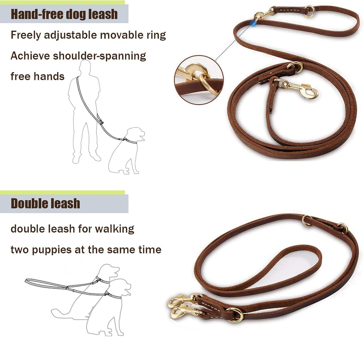 LWBMG Multi Function Leather Dog Leash 8ft Genuine Leather Leash - 8ft x 5/8inch / Brown - image 3