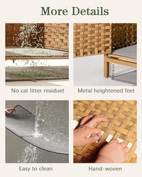 Cat Litter Box Enclosure Hidden Litter Box Furniture with Metal Heightened Feet, Rattan Handwoven Cat House with Litter Mat, Hidden Litter Box Furniture for Bedroom Living Room Natural