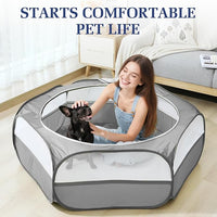 2-in-1 Small Animals Playpen with Pad, Waterproof Small Pet Cage Tent with Reusable Pad, Portable Outdoor Yard Fence with 3 Metal Rod for Chick/Kitten/Puppy/Guinea Pig/Rabbits/Chinchillas, Gray
