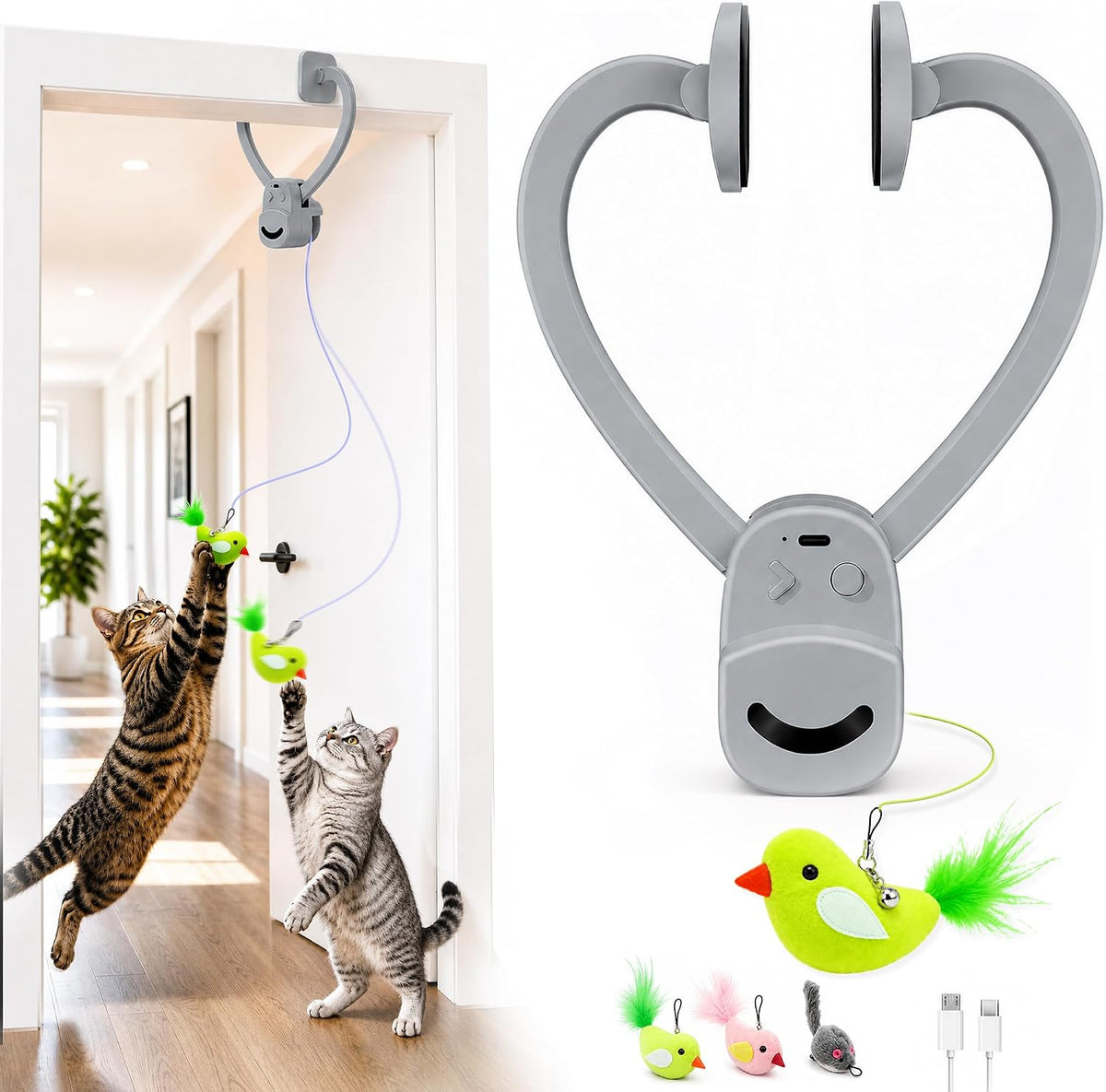 Interactive Doorway Cat Toy, No-Adhesive Clip-On for Indoor Cats – Essentials for Cats - Grey