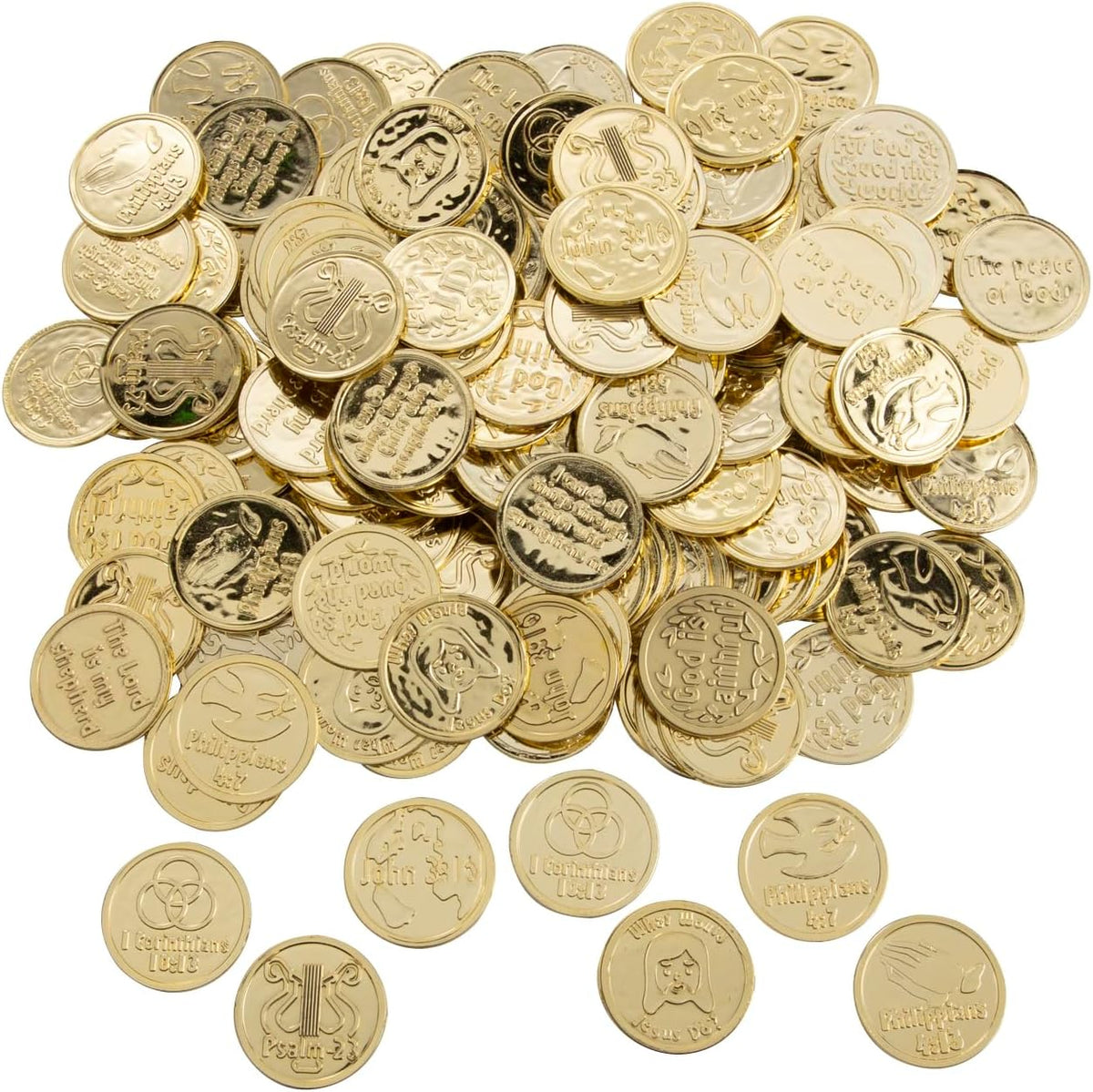 Fun Express goldtone plastic Bible verse coins, 144 pieces, 1 1/4 inch