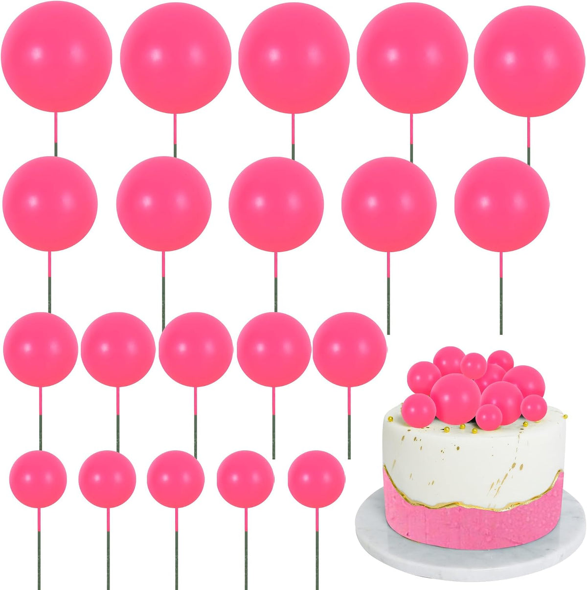 BEISHIDA 20 PCS Gold Mini Ball Cake Toppers Foam Cake Balls - Ball-hot Pink