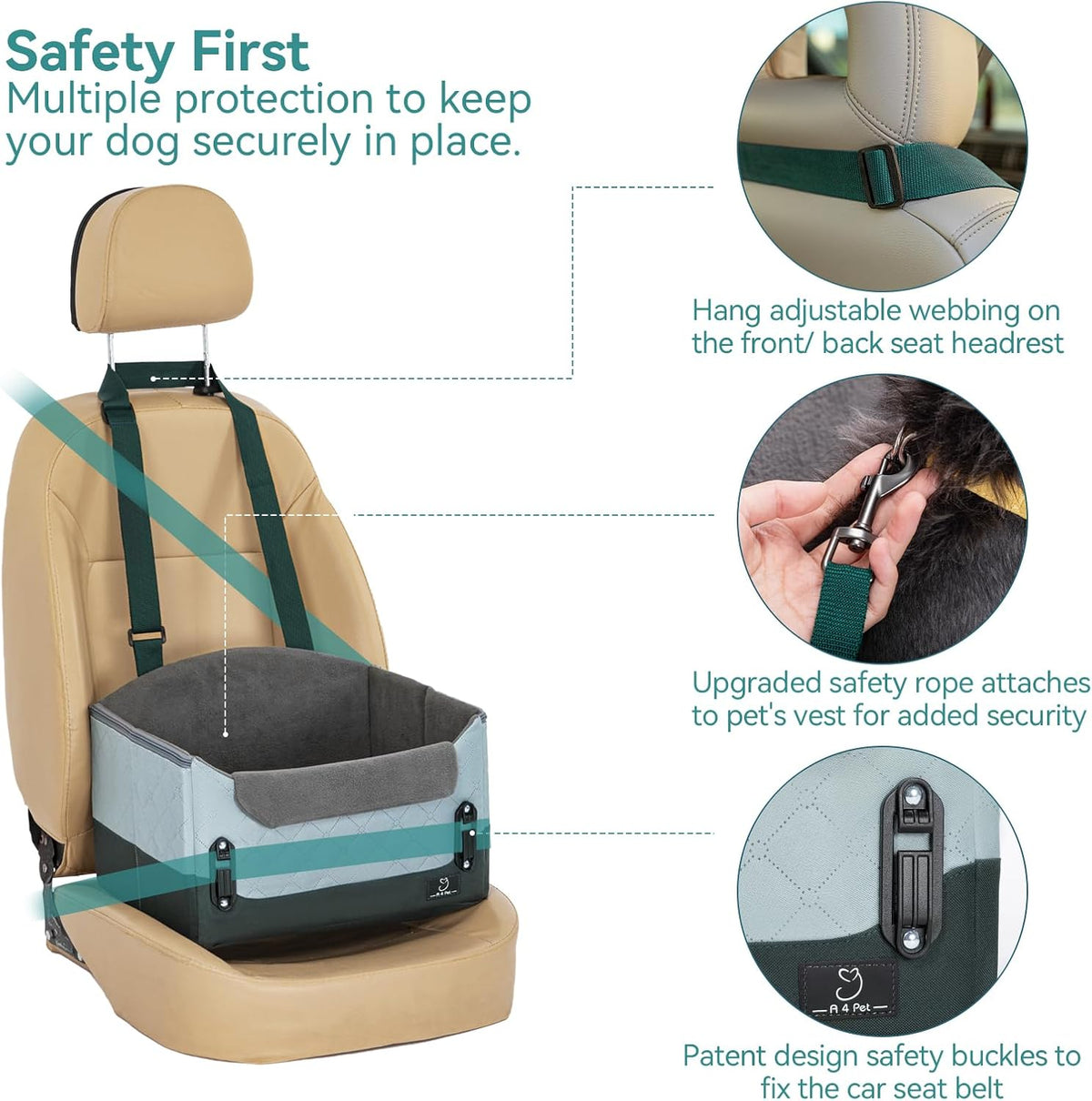 A 4 Pet Dog Car Seats for Small Dogs, Under 25 lbs - Dark Green with Pattern / Small - image 2