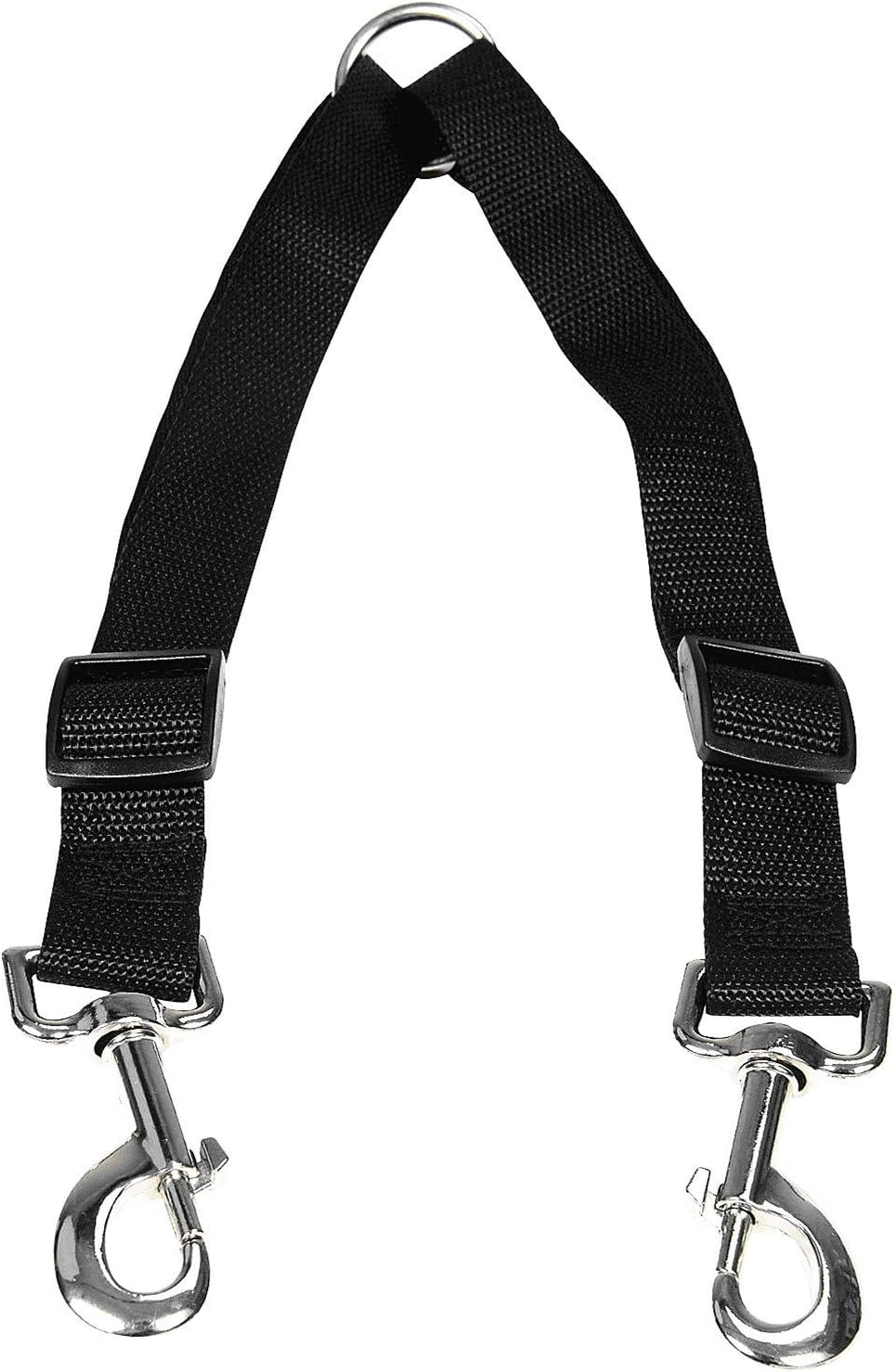 No tangle dog leash coupler with 1 inch nylon straps and nickel plated swivel clips