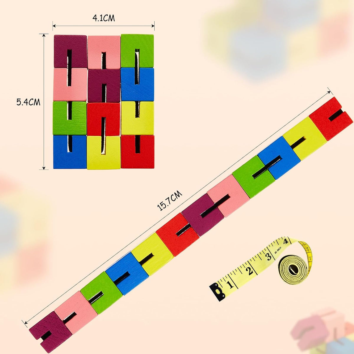 Sumind 6 pack of colorful wooden twist block puzzle fidget cubes on elastic cord - view 2