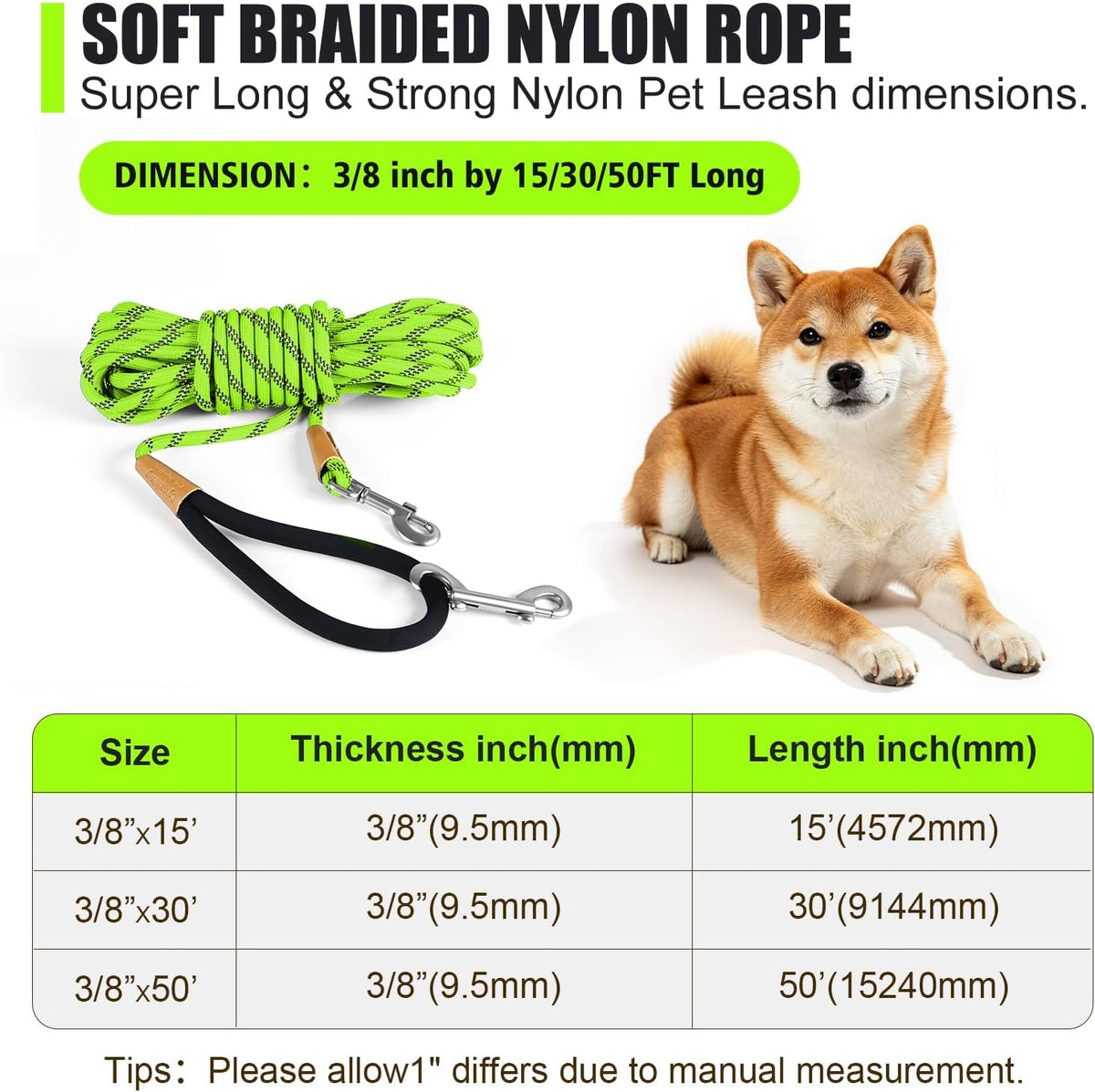 Long Dog Leash Reflective Rope Training Lead 15ft 30ft 50ft Check Cord – Essentials for Dogs - Light Green / 30ft x 3/8inch - image 2