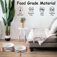 Petygooing Ceramic Dog Cat Bowl Set with Stand, Pet Food and Water Dishes,Small Dog Bowls Anti-Slip Set of 2 Cat Bowls-Pet Food Bowl- Pet Dish Small Medium Size Pet (28OZ/6.1 in) Black Rhombus