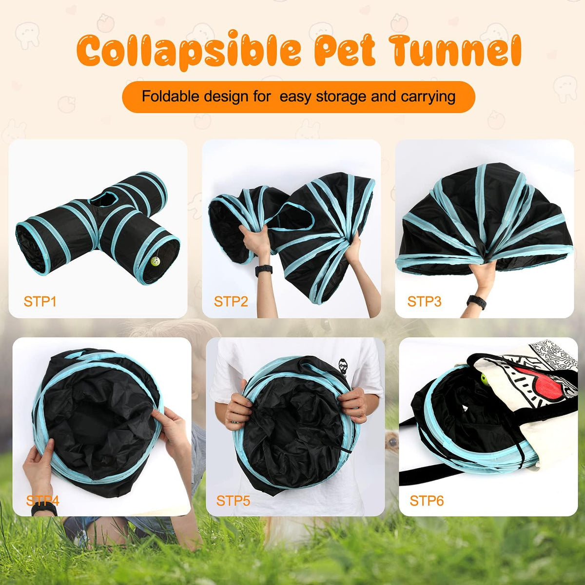 Bunny Tunnels & Tubes, 3-Way Collapsible Rabbit Hideout for Bunnies – Essentials for Small Pets - Grey - image 4