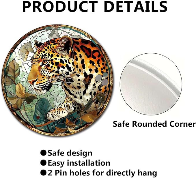 Lygond Metal Sign Tin Sign Circular Stained Glass Leopard Funny Sign for Restaurant 8×8 Inches