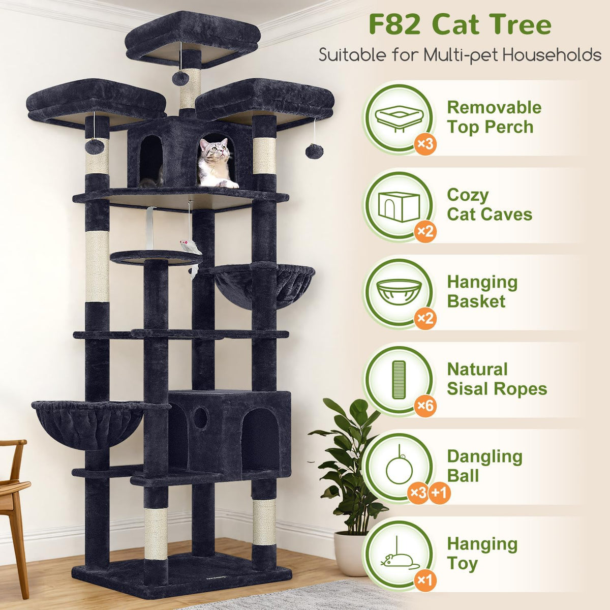 Globlazer Cat Tree Tower for Multiple Adult Cats, F82 - 82 inch / Dark Grey - image 2