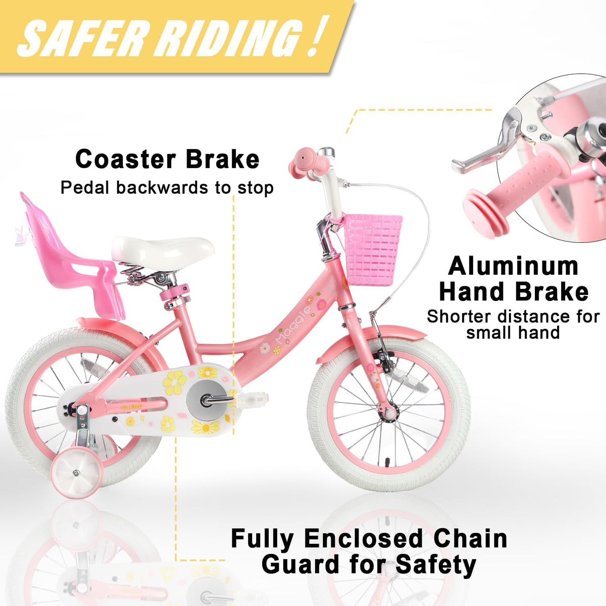 Glerc Maggie Girls Bike, 12-20 Inch Kids Bike for 2-13 Years Old Children, Princess Style Kids - Pink & White / 14 Inch - image 3