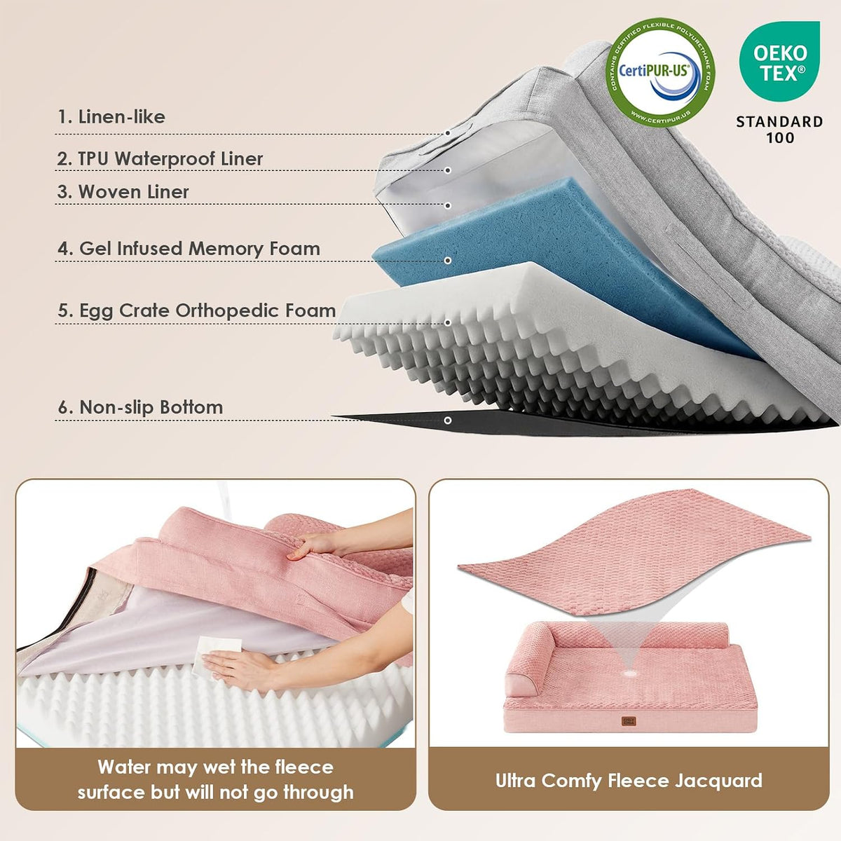EHEYCIGA Orthopedic Dog Bed Medium Size, Memory Foam Dog Bed - Pink / 35.0"L x 22.0"W x 6"Th - image 2