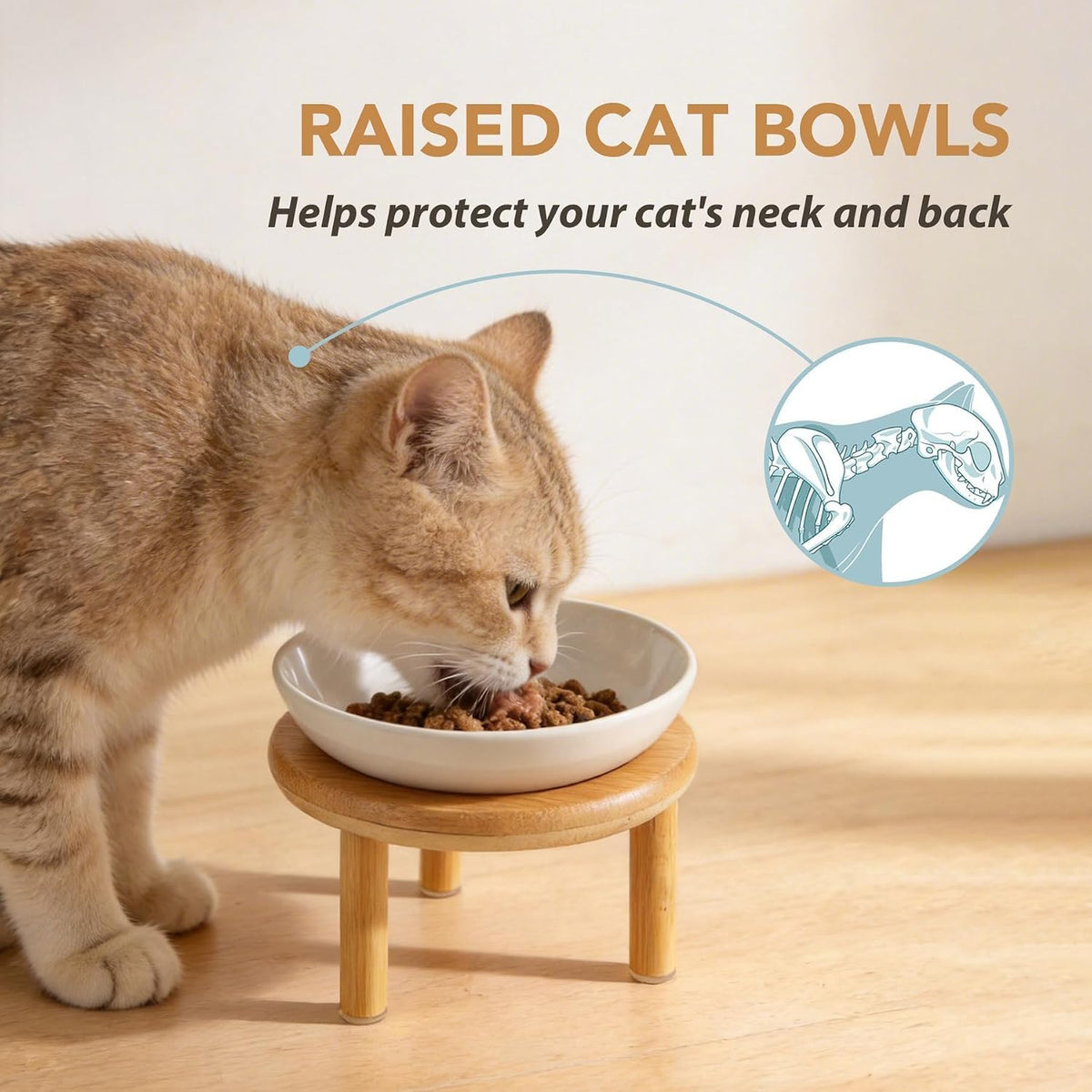 Elevated Cat Bowls, Ceramic Cat Bowl with Bamboo Stand Wide Opening – Essentials for Cats - White / Paw x2 + Bamboo - image 3