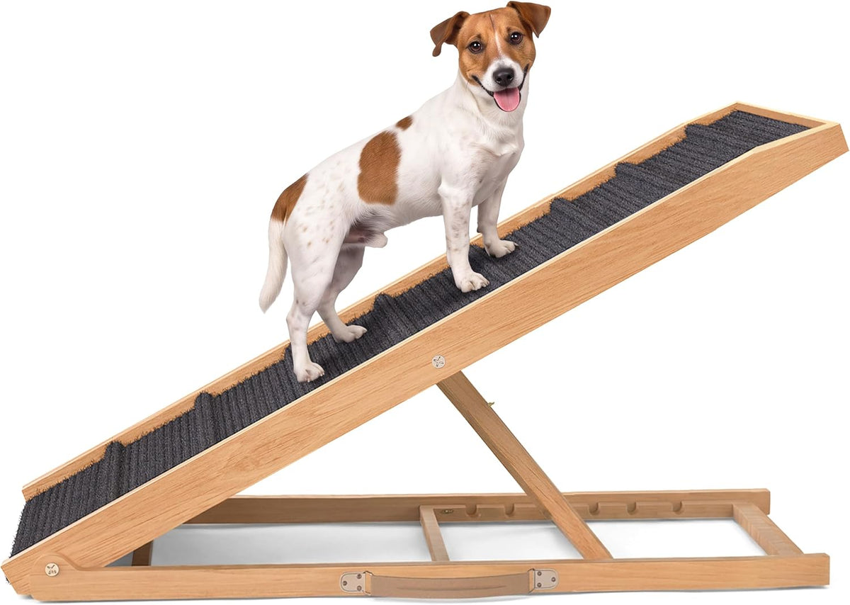Adjustable Dog Ramp for Bed, Wooden Dog Ramp for Couch - Light Brown / 45" Long x 16.5" Walking Space
