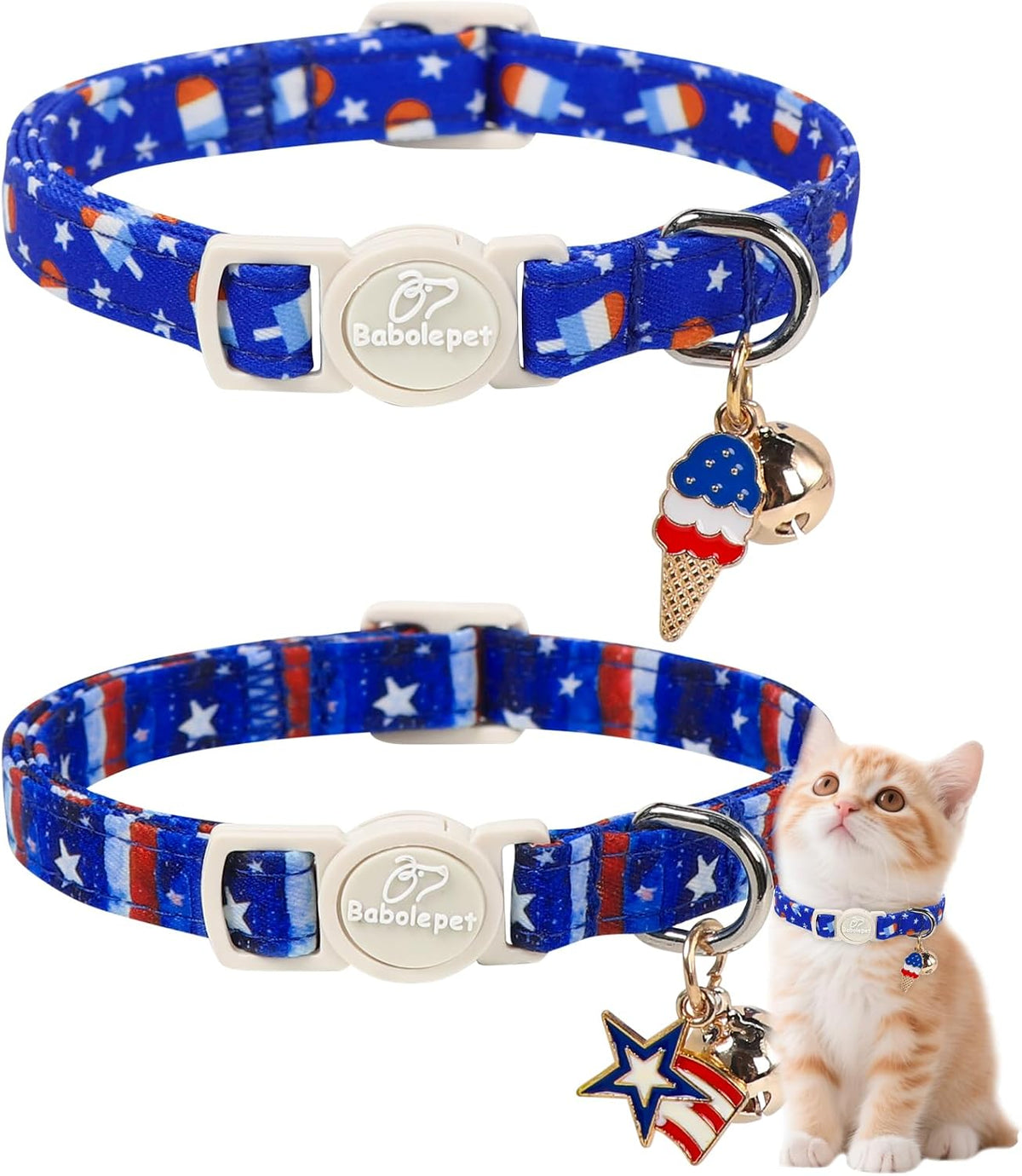 2 Pack Cute Cat Collars - Cartoon Bee Ladybug Breakaway Cat Collar with Bell & Matching Pendant - Blue Patriotic