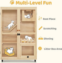 MCombo Wooden Cat Houses for Indoor Cats, Luxury Kitten House with Scratching Pad, Lockable Doors, Wheels, CT090