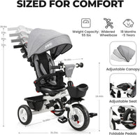 JMMD 7 in 1 Toddler Tricycle with Push Handle Trike Stroller for 1-5 - Grey - image 3