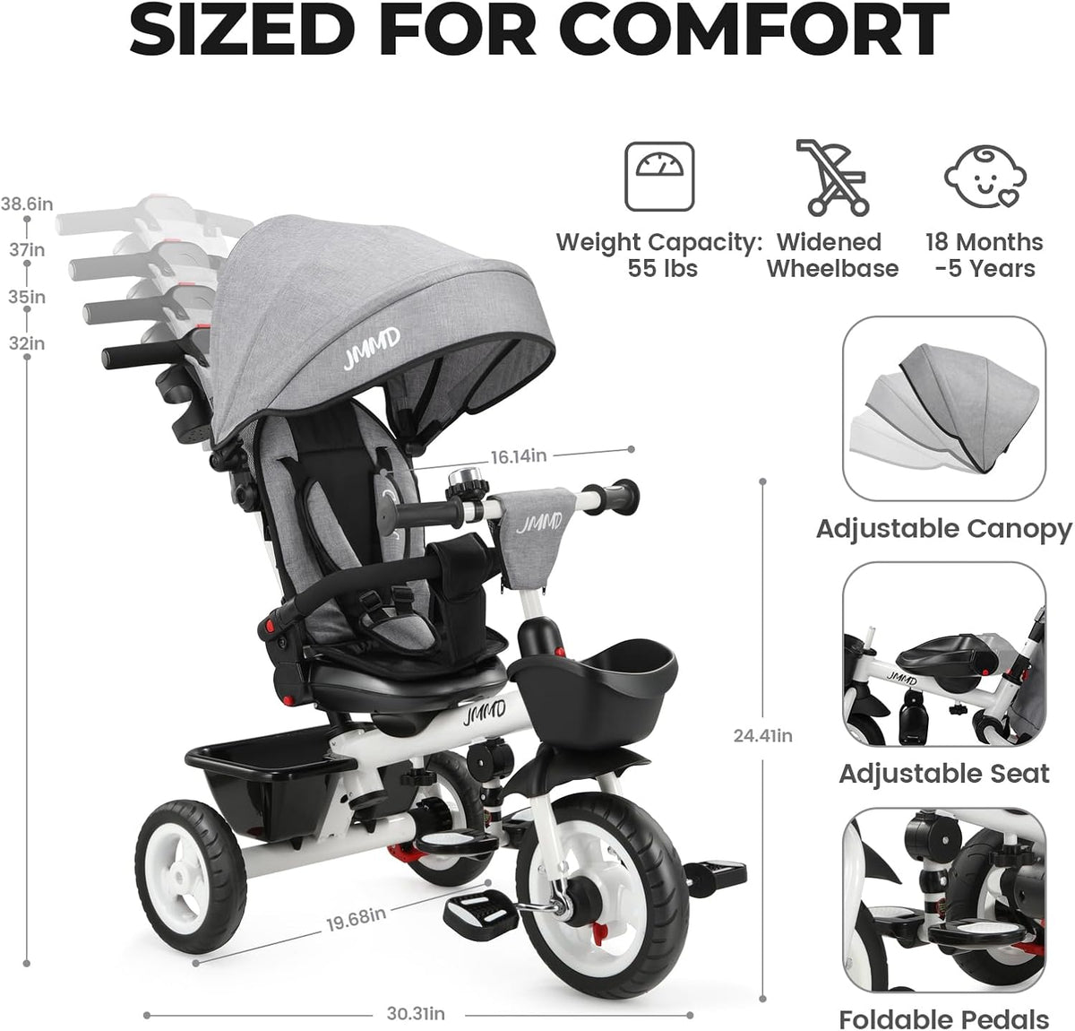 JMMD 7 in 1 Toddler Tricycle with Push Handle Trike Stroller for 1-5 - Grey - image 3