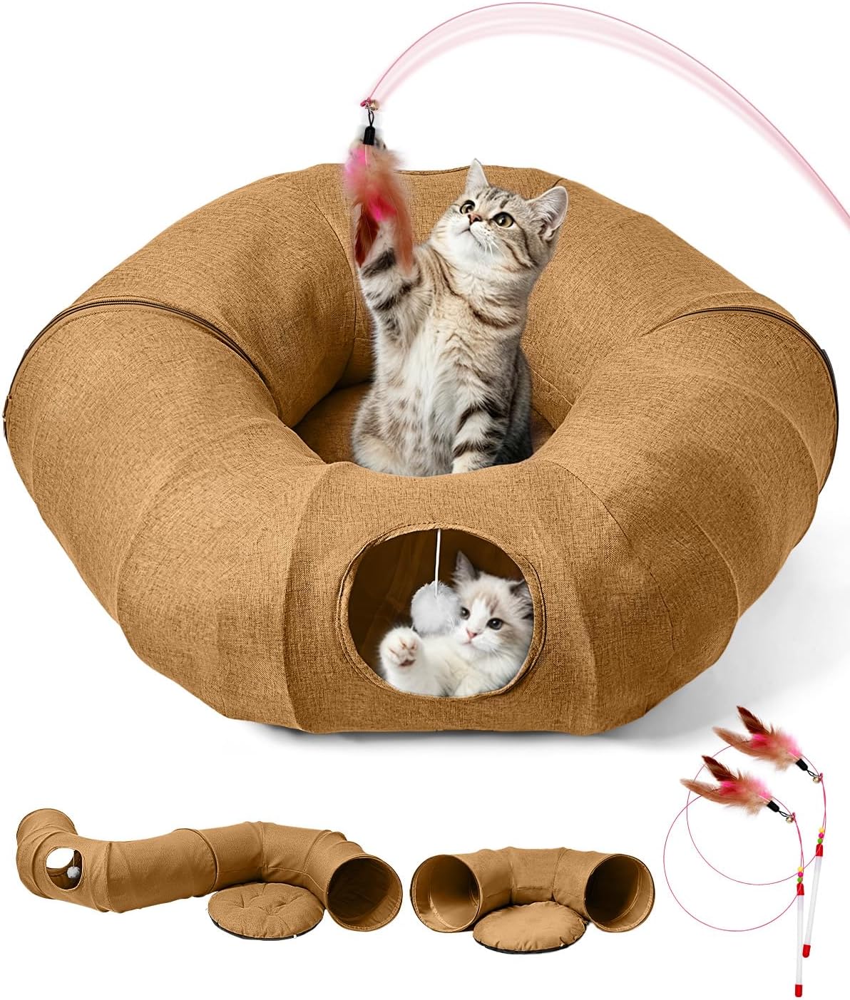 Large Cats Tunnels for Indoor Cats Fluffy Warm Cat Bed and Detachable - Linen Brown