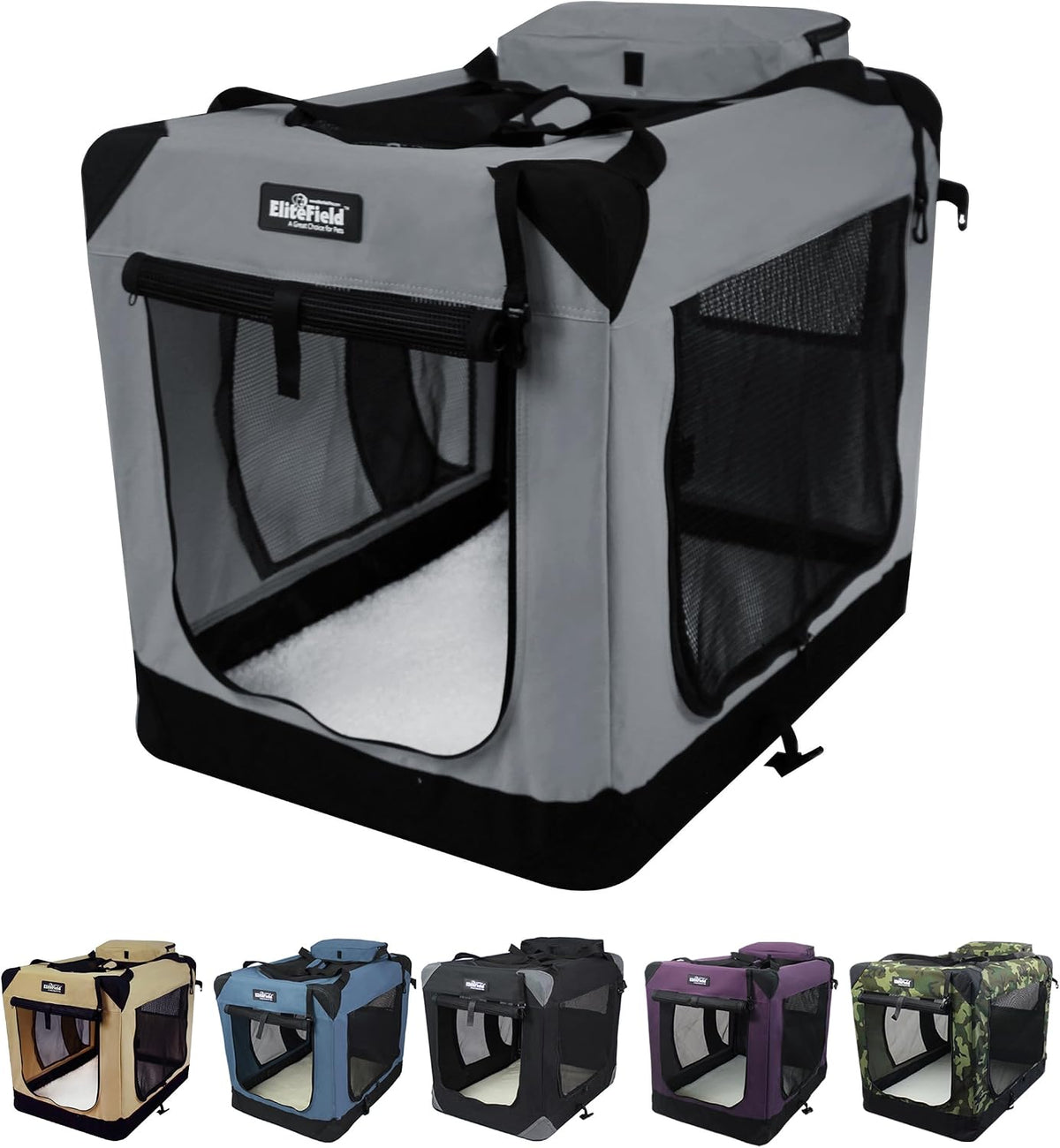 EliteField 3-Door Soft Dog Crate with Bed & Carrying Bag – Essentials for Dogs - Light Gray / 42.0"L x 28.0"W x 32.0"H