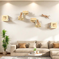 Cat Wall Shelves, Cat Wall Furniture Pine Wooden Feline Shelf, 5 Piece Shelves and Perches with Bed, House, Steps, Bridge Ladder and Scratching Post