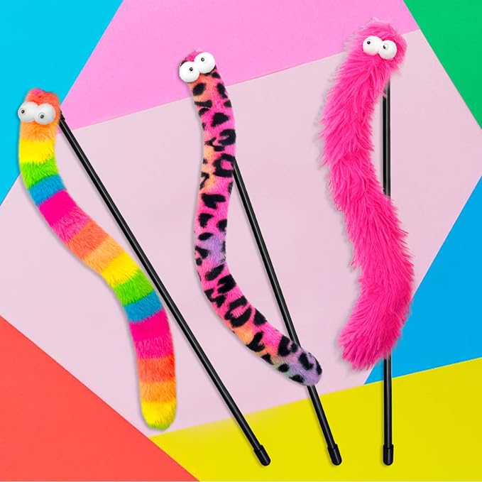 3 Pack Cat Wand Toy, Rainbow Cat Feather Toys with Bells, Teaser Wand with Soft Furry Tail, Interactive Toys for Indoor Cats & Kitten & Kitty