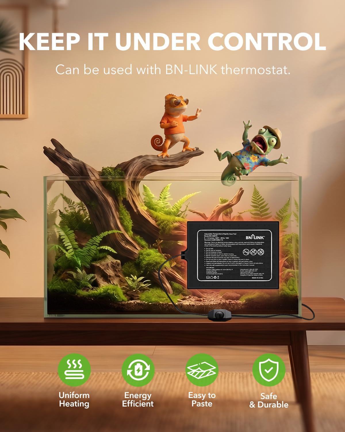 BN-LINK Reptile Heat Pad 6"X8" 8W for 10-20gal Under Tank Terrarium - 8" X 12" with Adjust Knob - image 2