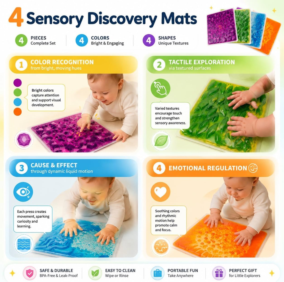 edusense 4 pack of 11.8 inch liquid sensory floor tiles with moving multicolor gel and non-slip base - view 11