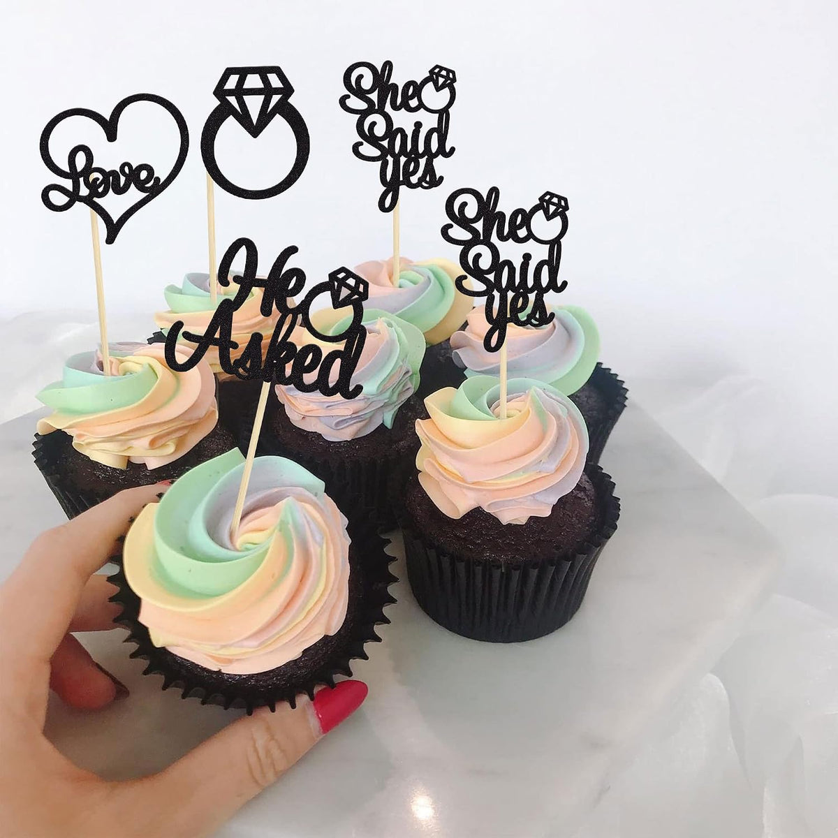 Gyufise He Asked She Said Yes Cupcake Toppers Gold Glitter Diamond - Black - image 4