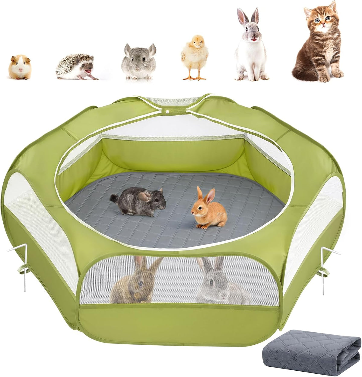 Pawaboo Small Animal Playpen, Waterproof Portable Pet Cage Tent - U-Green+Gray / 1