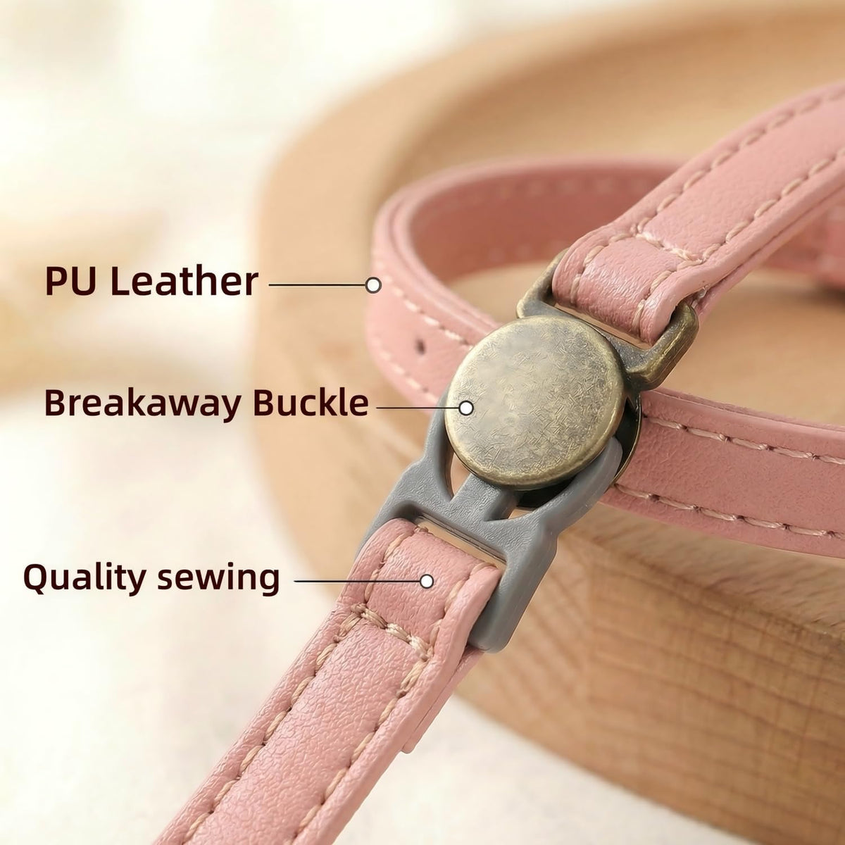 THAIN Leather Cat Collar with Bell Breakaway, Adjustable - Pink - image 3