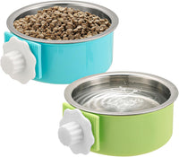 2 Pieces Crate Dog Bowl, Removable Stainless Steel Pet Kennel Hanging Food Water Feeder Bowl Cage - Blue,Green
