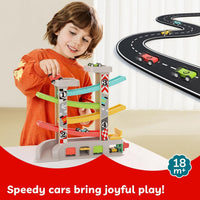 TOP BRIGHT wooden toddler car ramp race track with rooftop parking lot and 4 colorful cars - view 15