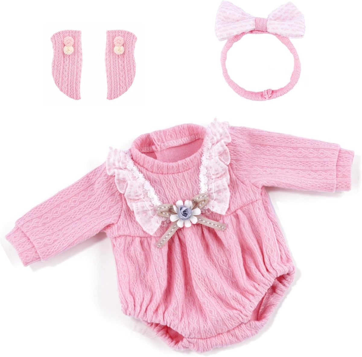 BABESIDE 3 piece baby doll clothes set, pink knit romper with headband and socks
