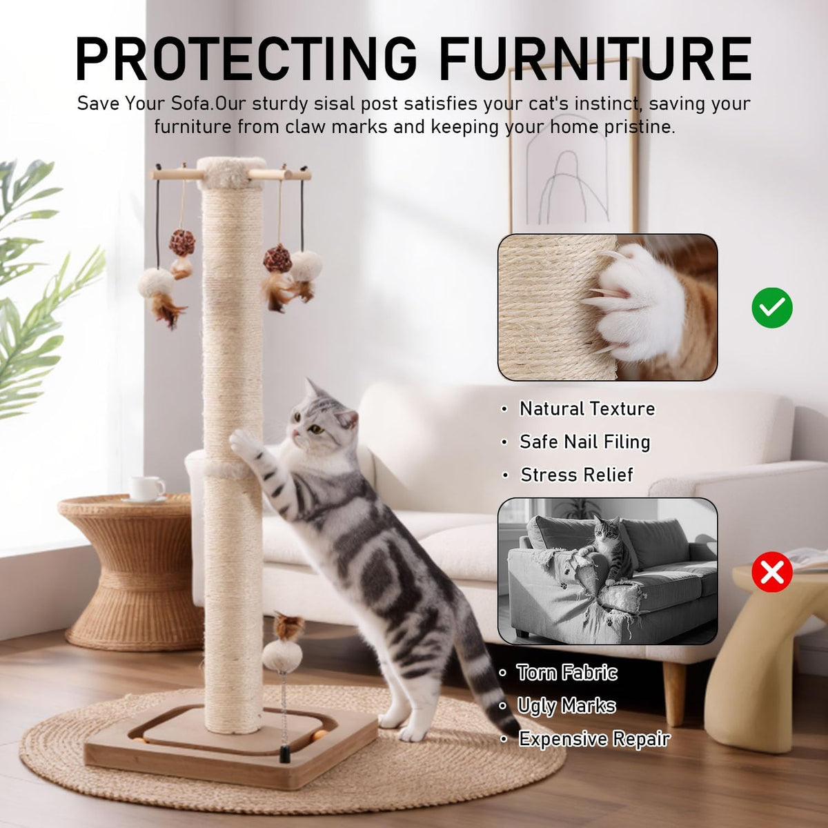 PEEKAB Cat Scratching Post Sisal Scratch Posts for Indoor Kittens - 33 inches Single Orbit - image 4