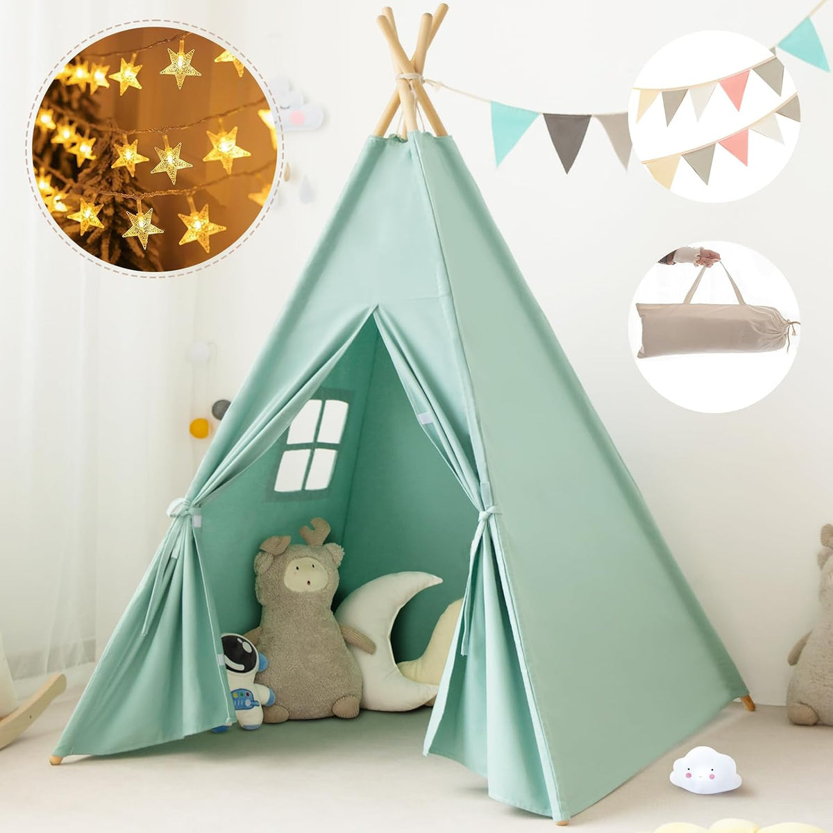 RongFa white canvas teepee tent for kids with wooden poles, flap door and mesh window - view 9