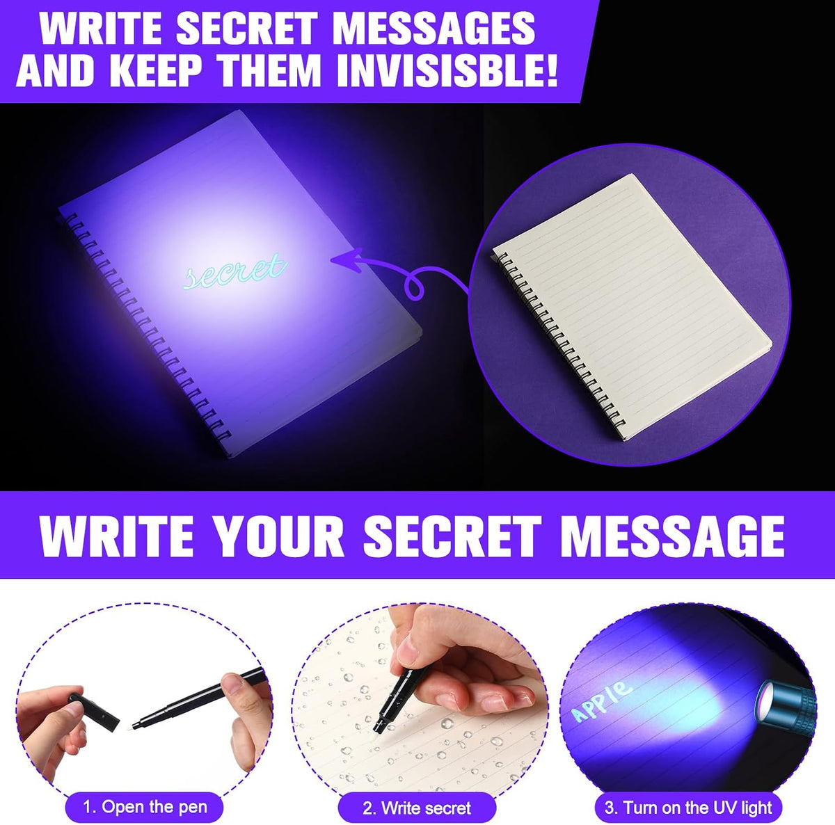 Tegeme 4 invisible ink pens with 4 mini UV marker flashlights in black - view 20