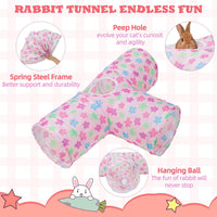 Bunny Tunnels & Tubes, 3-Way Collapsible Rabbit Hideout for Bunnies – Essentials for Small Pets - Pinkflower - image 3