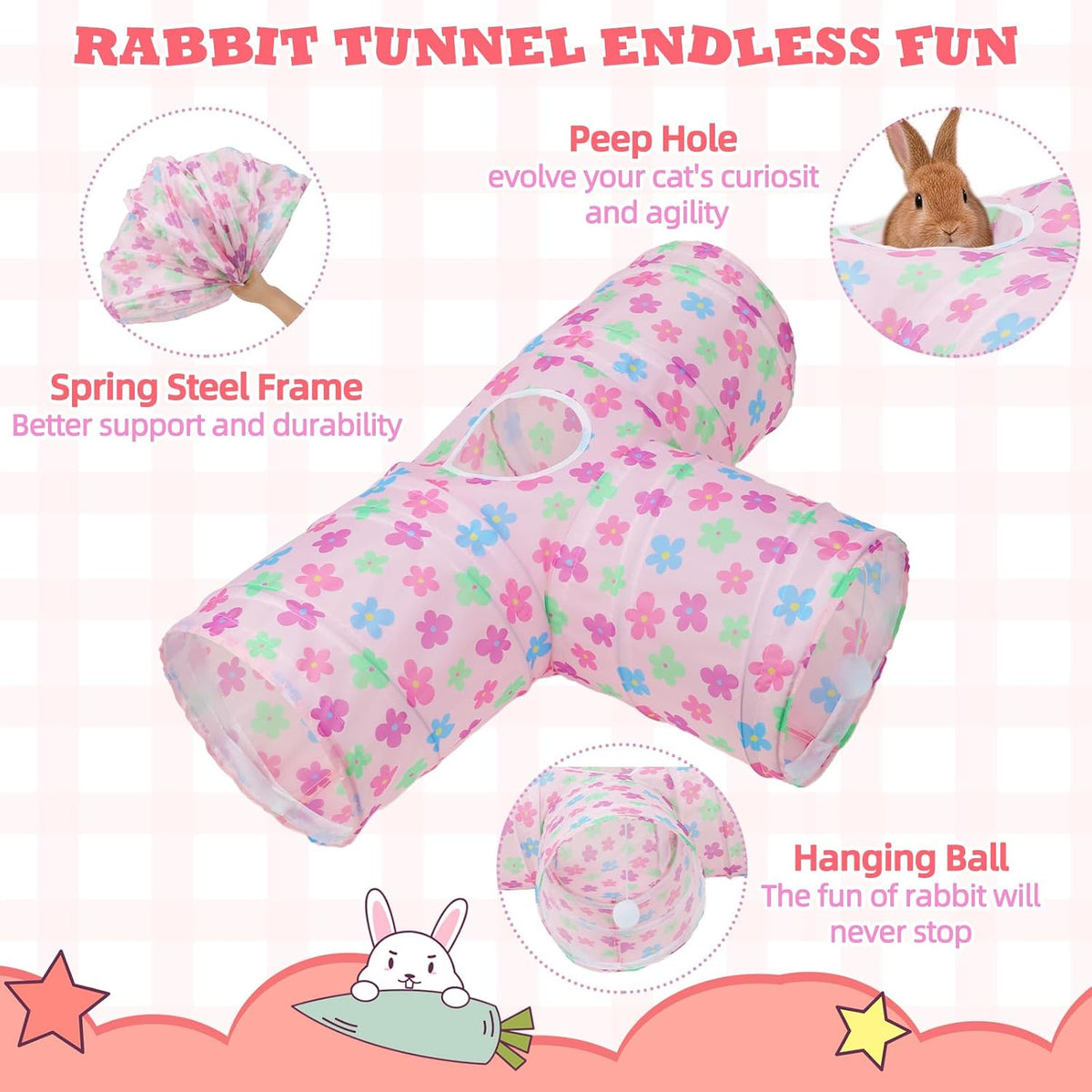 Bunny Tunnels & Tubes, 3-Way Collapsible Rabbit Hideout for Bunnies – Essentials for Small Pets - Pinkflower - image 3