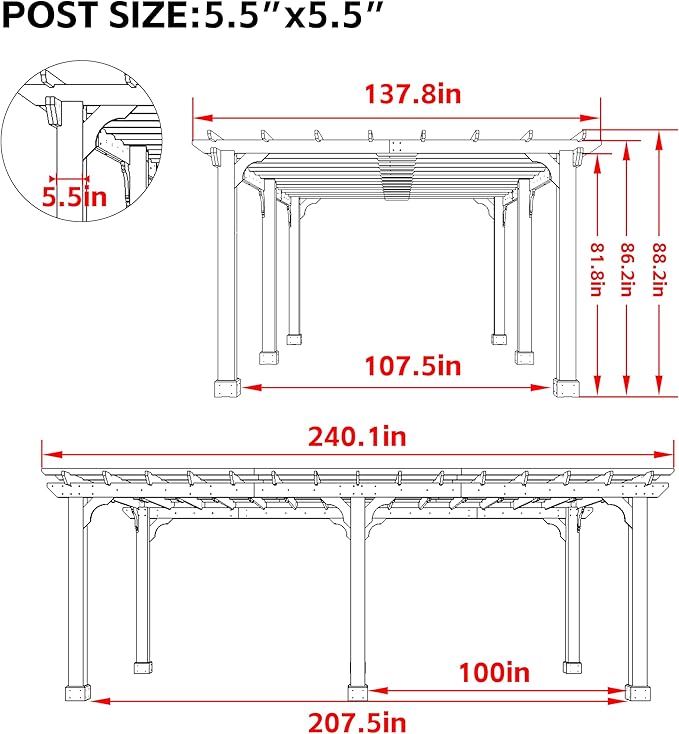 MUPATER 12x20 FT Retratable Wooden Pergola Gazebo for Patio Stakes, Quality Supported Structure, Snow and Wind Supported, Outdoor Pergola Garden Shelter Cedar Framed for Backyard,Deck,Garden