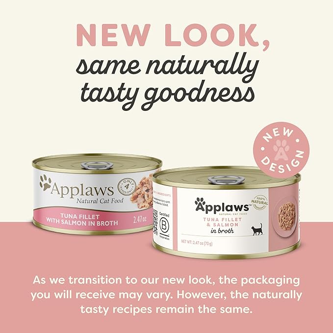 Applaws Natural Wet Cat Food in Broth, Limited Ingredient Canned Wet Cat Food, No Additives, Made with Natural Ingredients, Tuna Fillet with Salmon in Broth (24 x 2.47oz Cans)