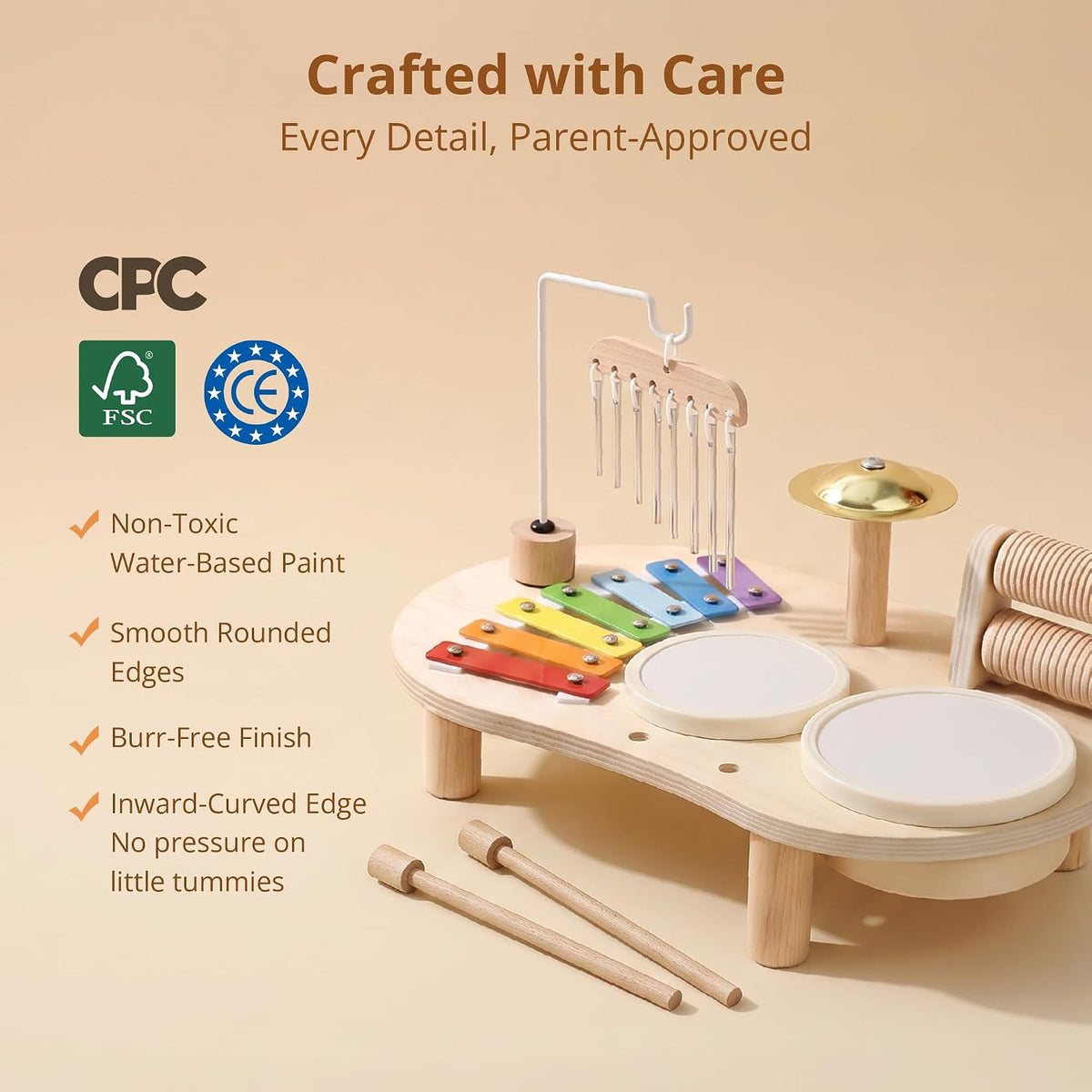 Promise Babe wooden drum set for toddlers with xylophone, cymbals and wind chime - view 3