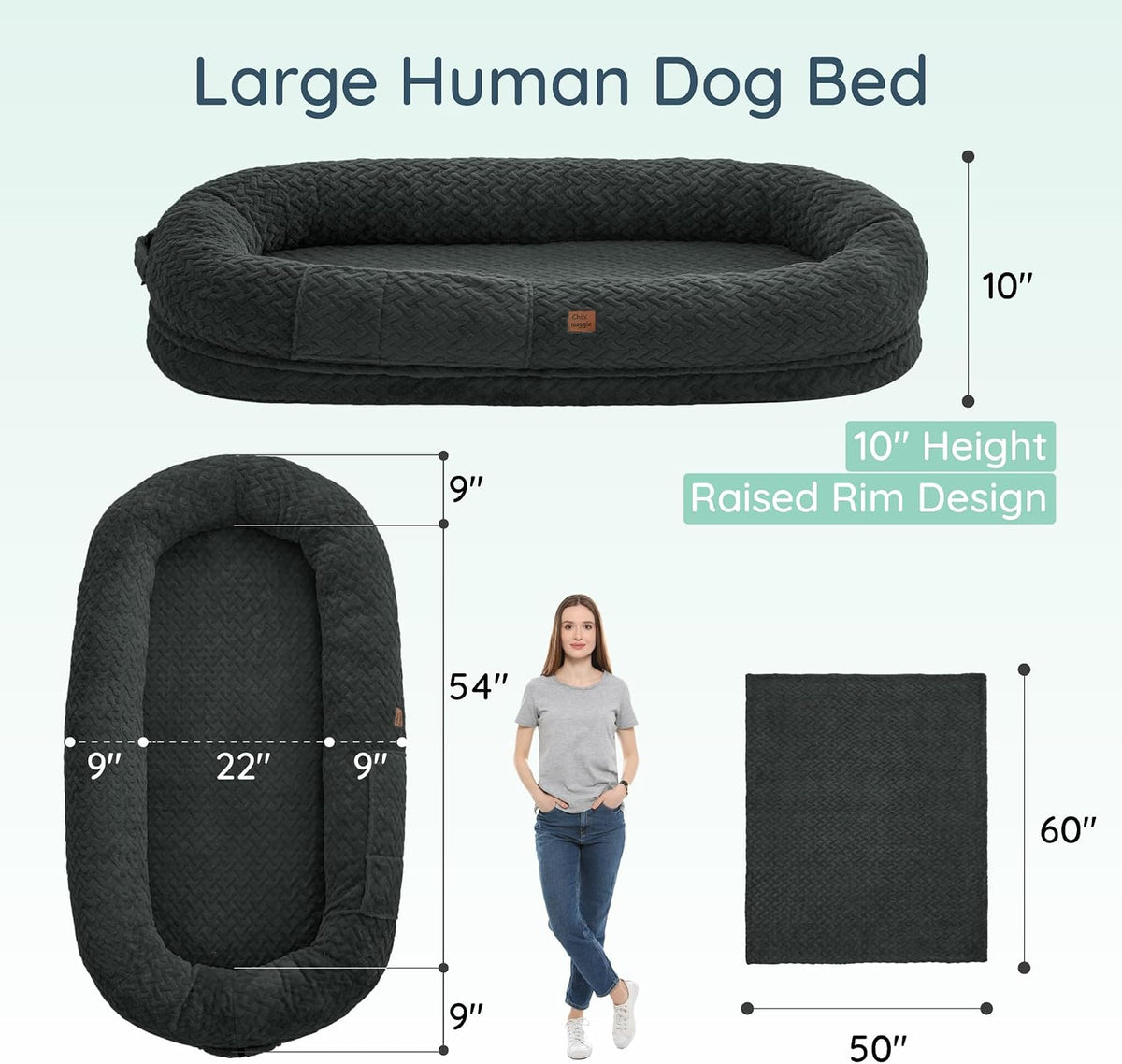 Orthopedic Human Dog Bed, with Faux Fur Washable Cover, Blanket - Dark Grey / Human Dog Bed (72x40x10) - image 2