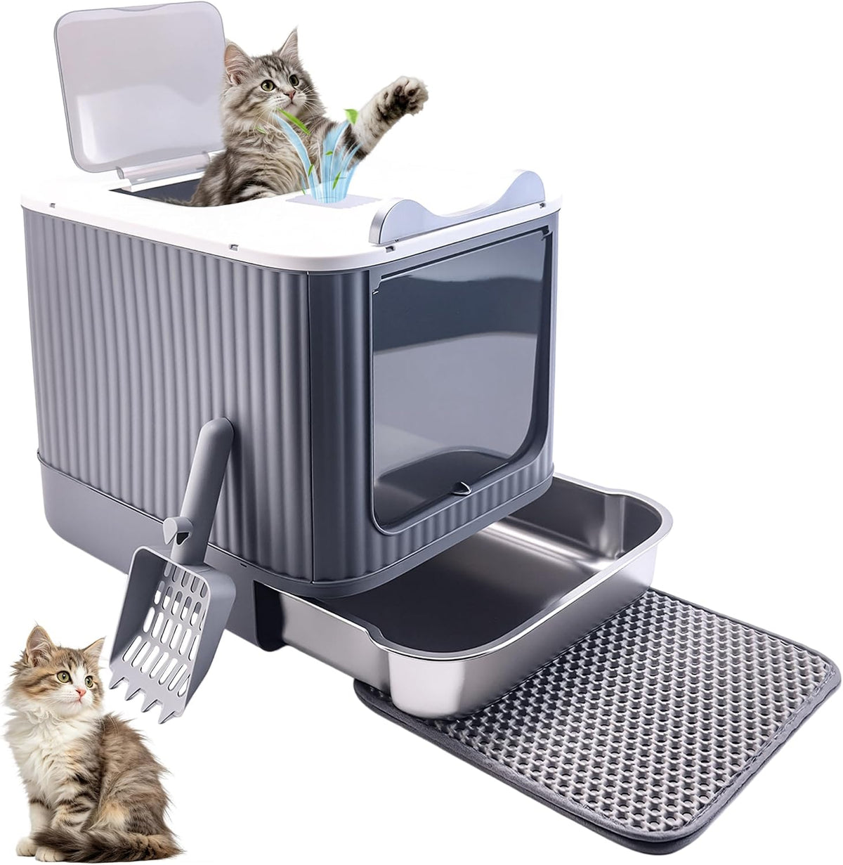 Stainless Steel Cat Litter Box Enclosed, Dual Entry - White