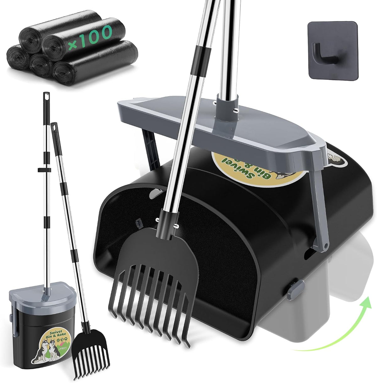UPSKY 33.4" Dog Pooper Scooper Swivel Bin & Rake Kit with 100 Waste - Grey