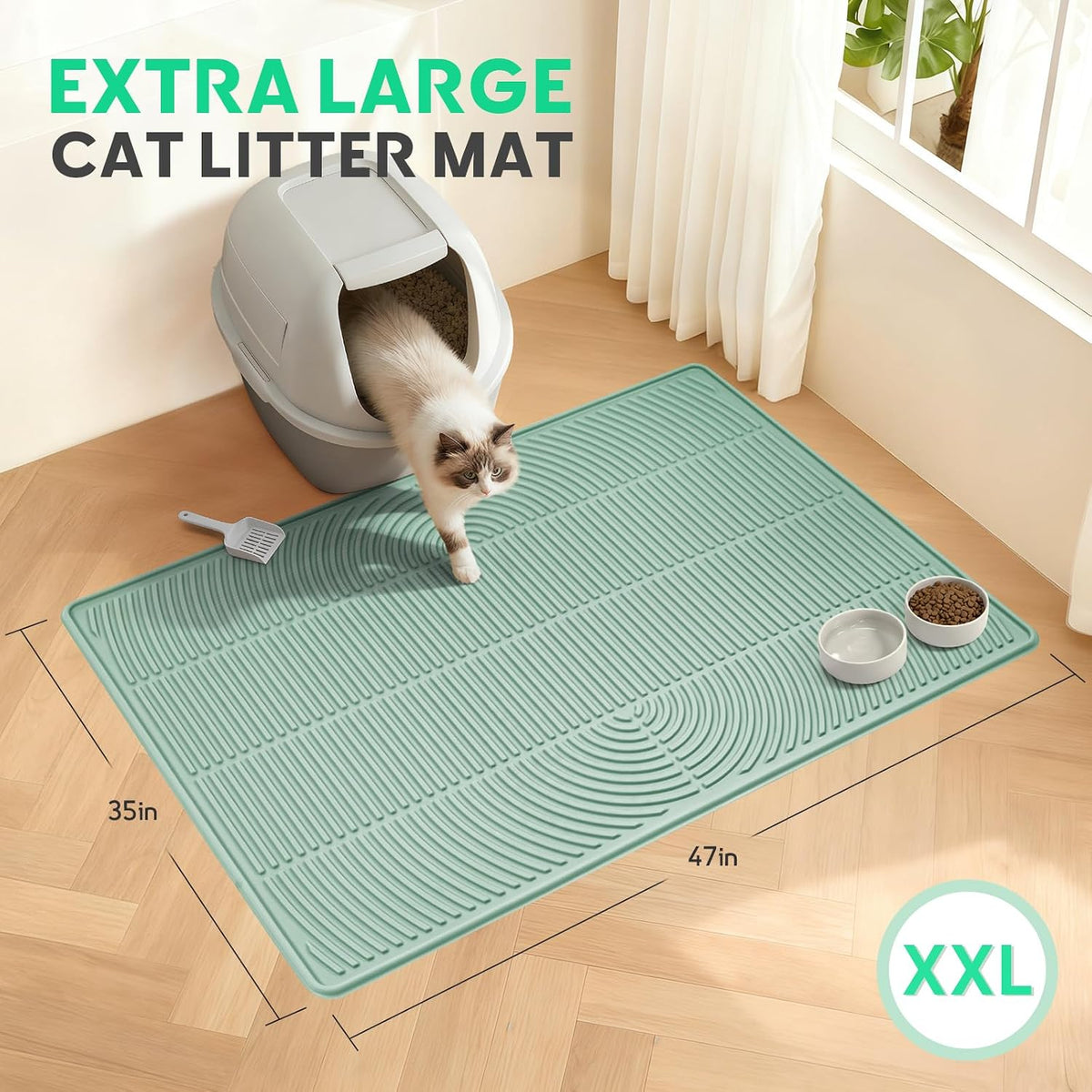 Cat Litter Mat,47" x 35" Extra Large Silicone Waterproof Litter Trapping Mat for Scatter Control - 47" x 35" / Green - image 2